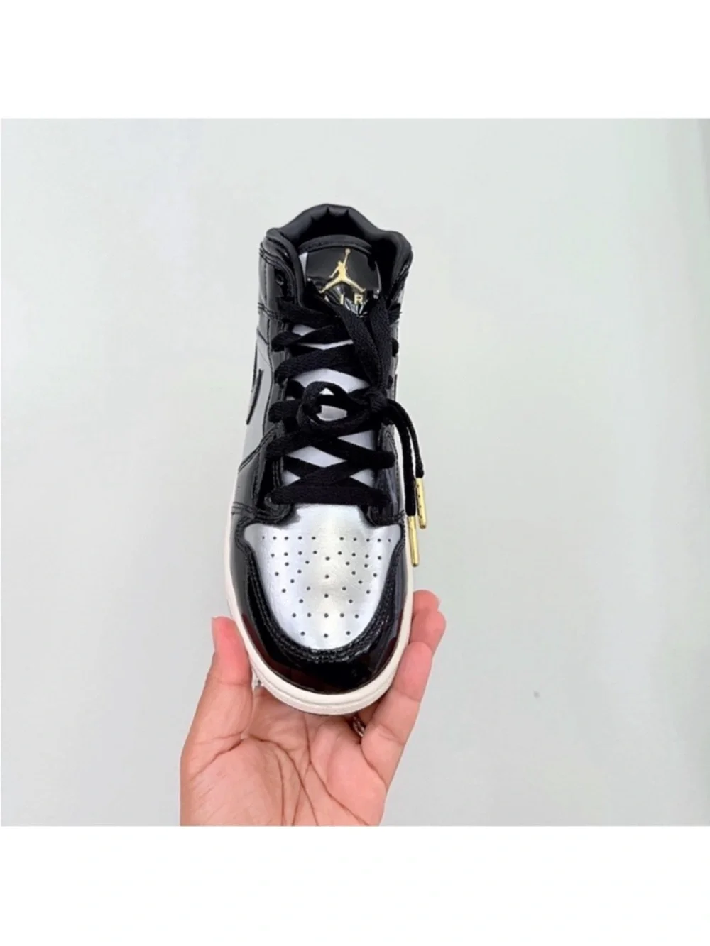 Nike Air Jordan 1 Mid SE Patent Leather Sneaker Black & Metallic Silver 5.5Y/ 7W